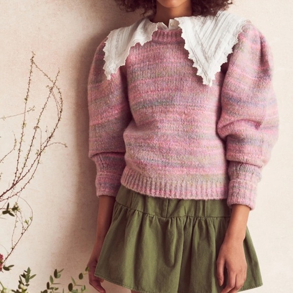 LoveShackFancy Sweater Aquarius Pullover Puffed Shoulders Pink Cloud XL EUC - Picture 8 of 8